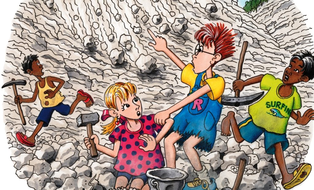 Robinson und Tina arbeiten in einem Steinbruch, als eine Geröll-Lawine den Berg hinunterprasselt. (Quelle: Peter Laux)