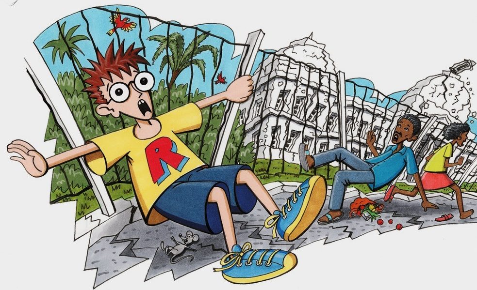 Als die Erde bebt, hält sich Robinson an einem Zaun fest. (Quelle: Peter Laux)