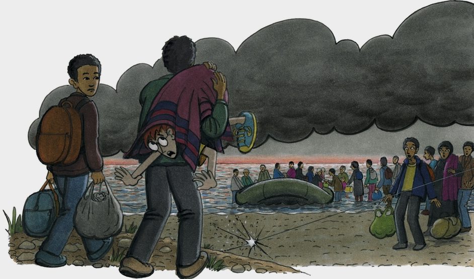 Flüchtlinge steigen in ein Schlauchboot - ein Mann hat Robinson in einen Teppich gewickelt und über seine Schulter geworfen. (Quelle: Peter Laux)