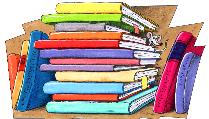 Zeichnung von aufeinandergestapelten Büchern. (Quelle: Peter Laux)